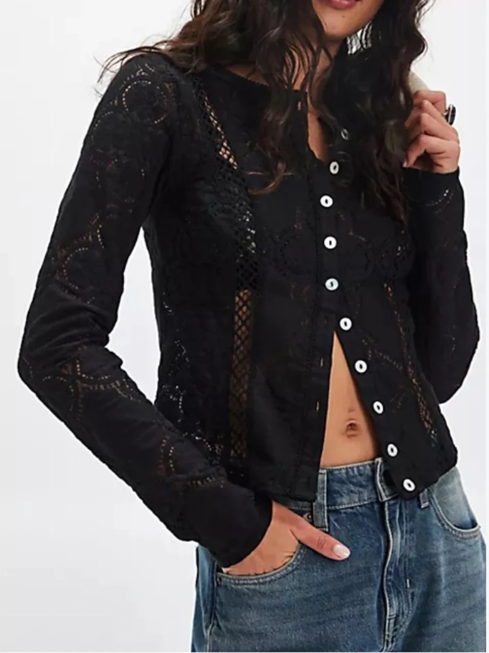 Free People NWT Jae Lace Top Medium Black Long Sleeves Button Front Knit